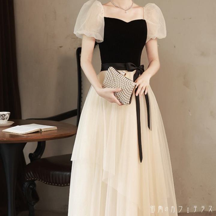 【大好評！最安値挑戦!】レディース ドレス パーティードレス ワンピース ロング丈 マキシ丈 スクエアネック ふんわり袖F937