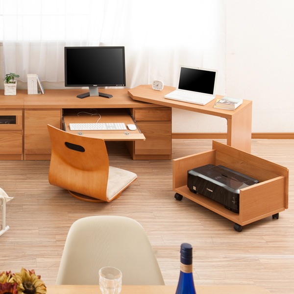 パソコンデスク ロータイプ 回転テーブル付 天然木 アルダー 幅120cm デスク PCデスク 机 プリンターワゴン つくえ ローデスク ワークデスク 日本製 完成品 木製 収納 スライド棚