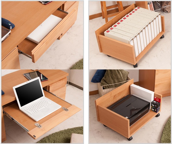 パソコンデスク ロータイプ 回転テーブル付 天然木 アルダー 幅120cm デスク PCデスク 机 プリンターワゴン つくえ ローデスク ワークデスク 日本製 完成品 木製 収納 スライド棚
