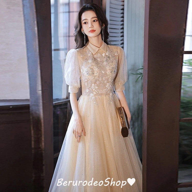 結婚式ドレス 二次会ドレス シャンパン色 ミモレ丈 可愛いドレス 折り襟 パフスリーブ 20代 30代 お呼ばれドレス パーティードレス スパンコール キラキラ 刺繍花柄 成人式ドレス オシャレ キレ