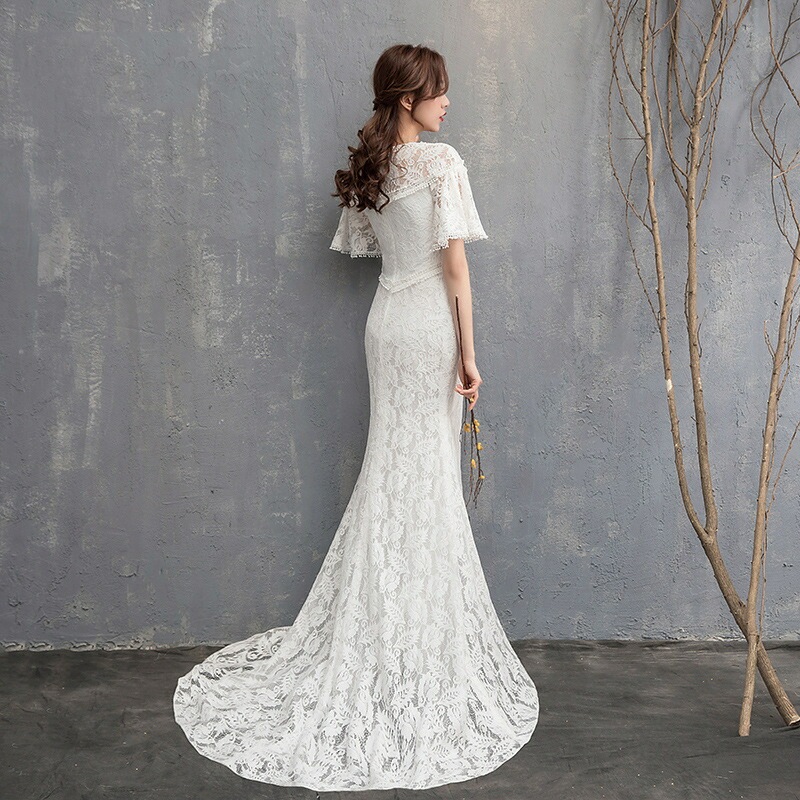 ウェディングドレス マーメイドライン トレーンタイプ 総レース ロングドレス 細身 ウェディングドレス 袖あり Wedding Dress 花嫁 二次会 結婚式 撮影演出 レディース ウェディングドレ_2