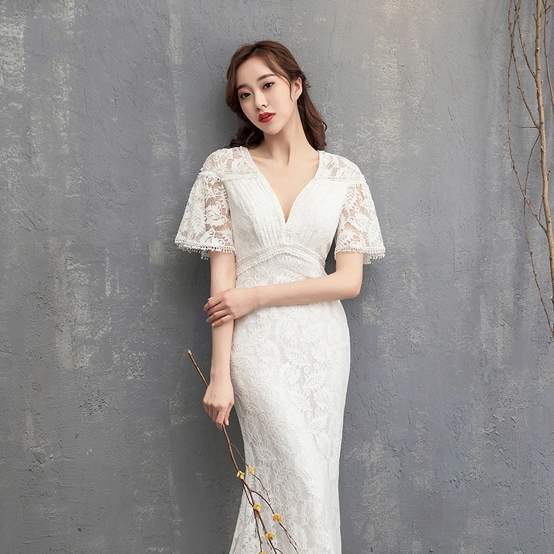 ウェディングドレス マーメイドライン トレーンタイプ 総レース ロングドレス 細身 ウェディングドレス 袖あり Wedding Dress 花嫁 二次会 結婚式 撮影演出 レディース ウェディングドレ_3