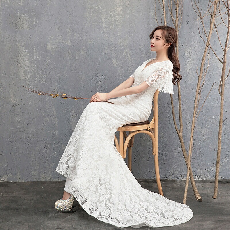 ウェディングドレス マーメイドライン トレーンタイプ 総レース ロングドレス 細身 ウェディングドレス 袖あり Wedding Dress 花嫁 二次会 結婚式 撮影演出 レディース ウェディングドレ_4