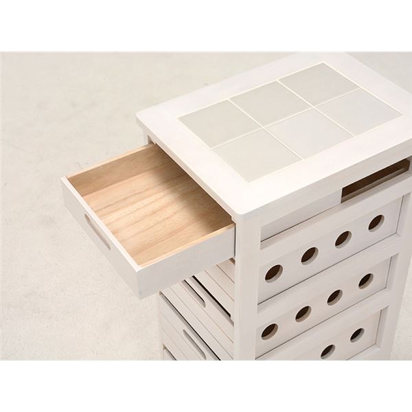 桐製 キッチンストッカー/台所収納 (幅30×奥行40×高さ79cm) ホワイトウォッシュ 木製 キャスター 引き出し 天板タイル付き