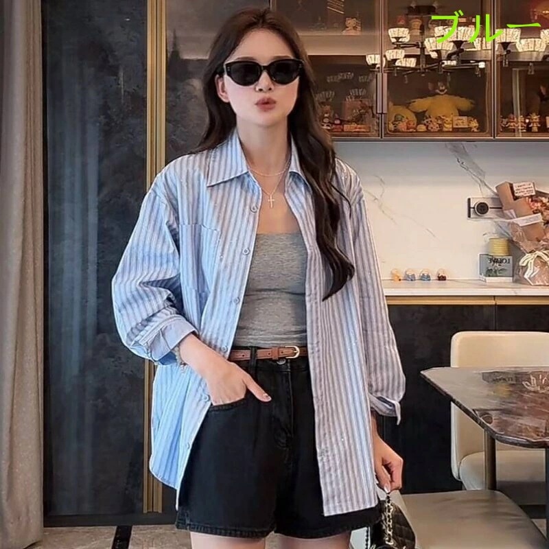 カジュアルシャツ ストライプ柄 レディース 長袖ゆったり ブラウスカーディガン夏