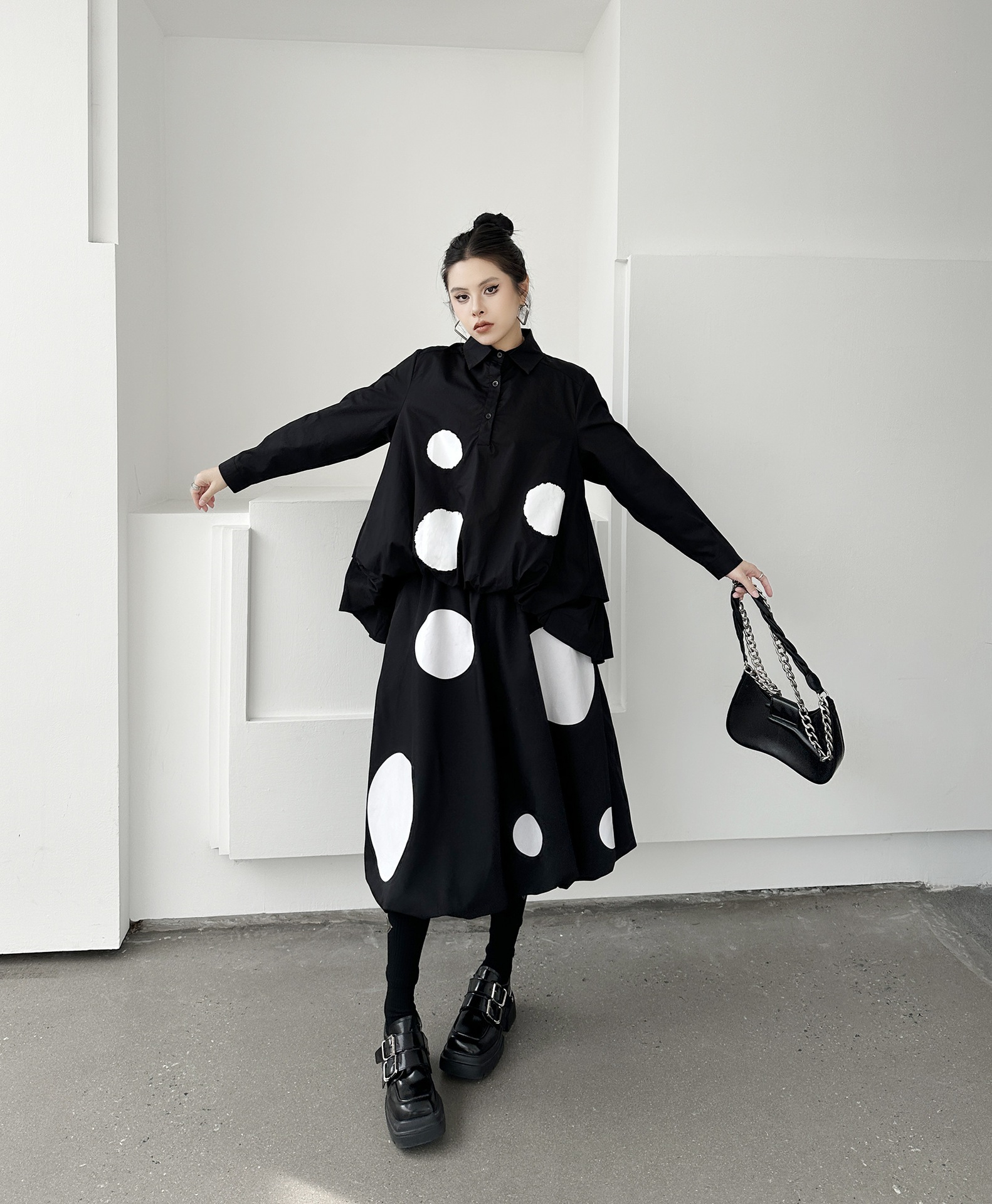 【J.Fashion】 2025春 水玉 セットアップ おしゃれ 上下セット ブラウス+スカート レディース 関連商品購入可能 メガ割