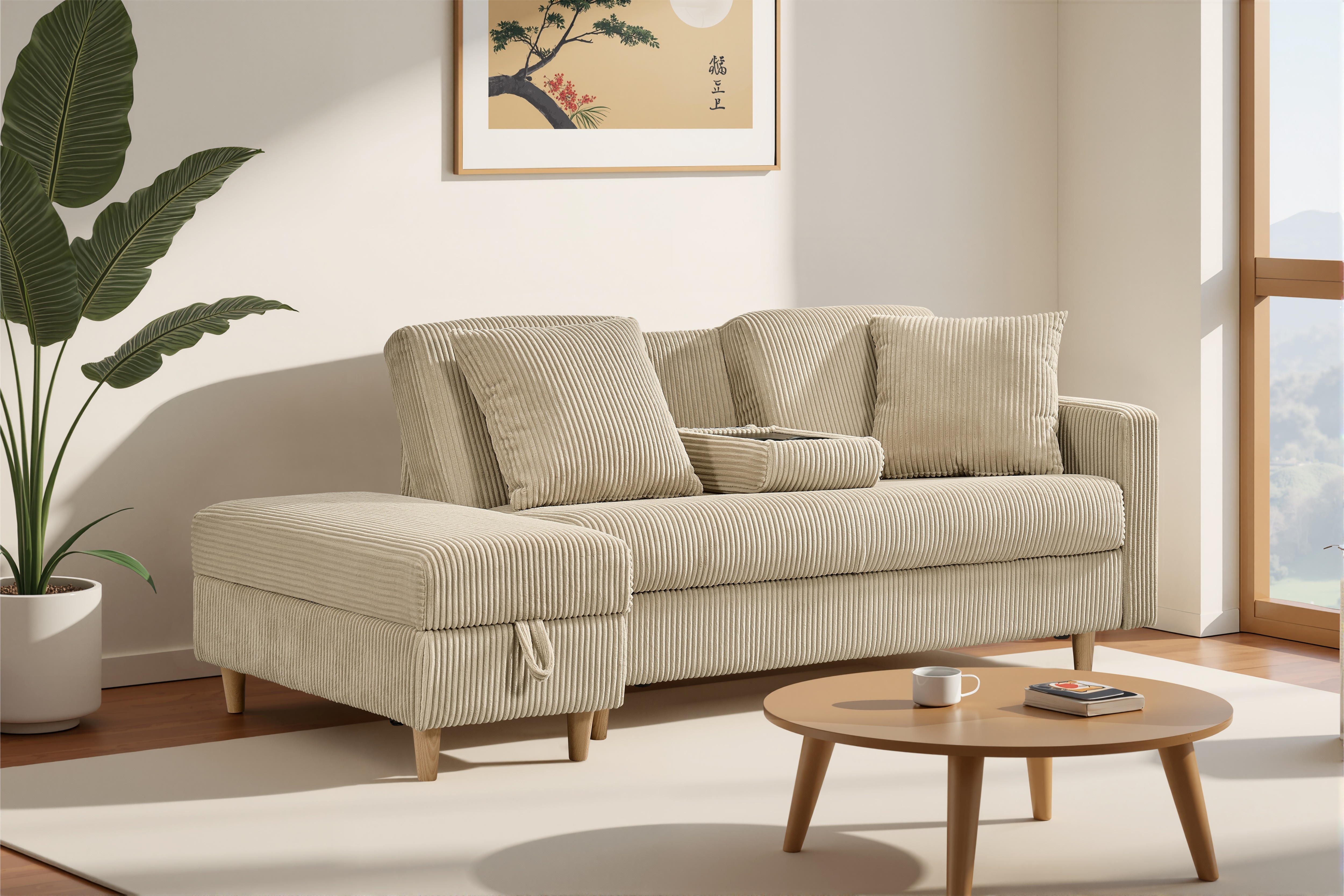 【国内出荷 - 3日配達】ソファ　ソファーベッド　カウチソファ　3人掛け　オットマン付き　多機能ソファ　左右側とも取り付けるアームレスト　たくさん収納　レイアウト自由　クッション2個753