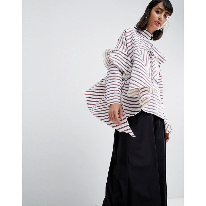 エイソス レディース トップス【ASOS WHITE Multi Stripe Waterfall Frill Top】Burgundy エイソス レディース トップス【ASOS WHITE Multi Stripe Waterfall Frill Top】Burgundy