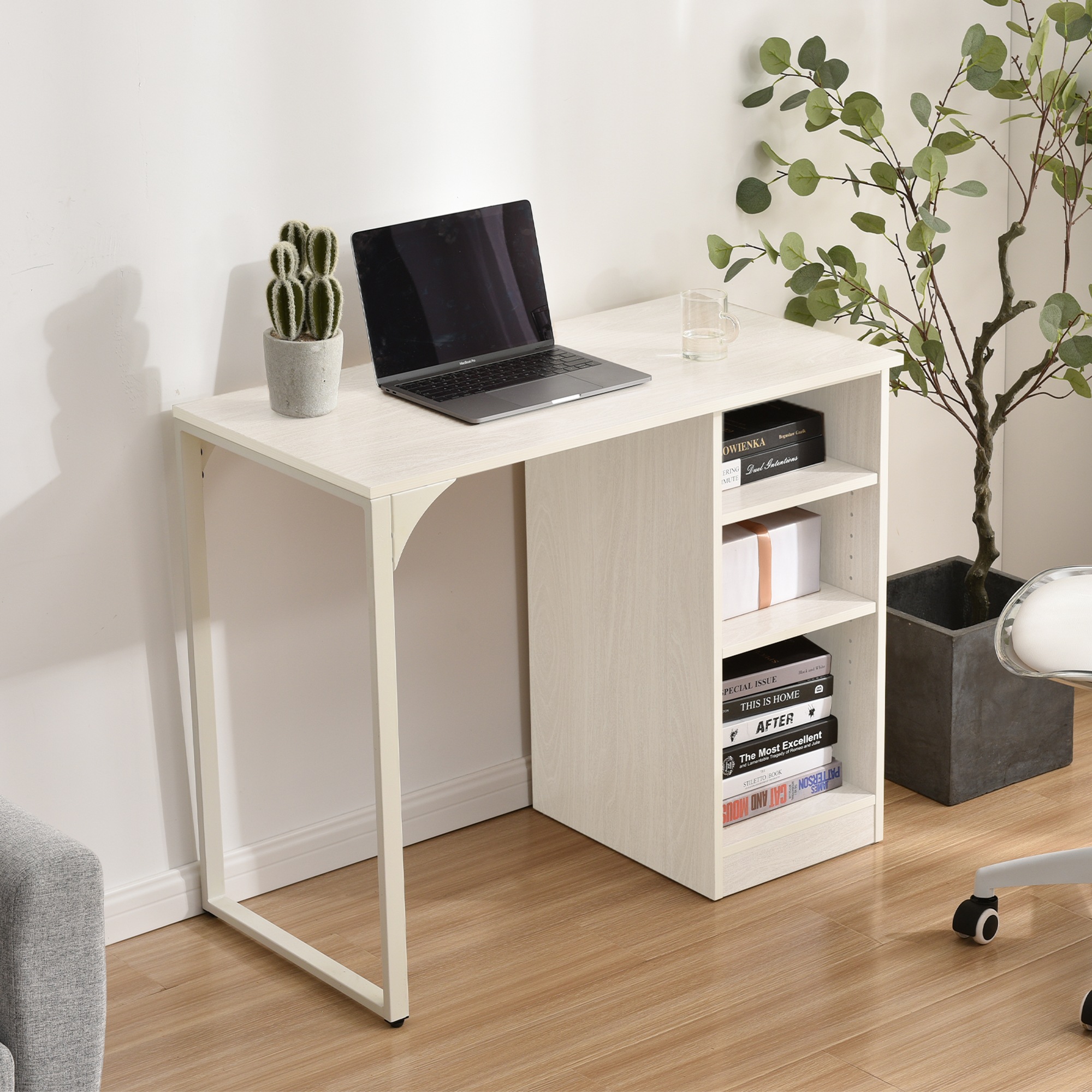 【国内発送,送料無料】【新品登場】　【ホワイト】　パソコンデスク 3段シェルフ付 オフィスデスク 簡易デスク 木製 ミシン台 学習机 アジャスター付き