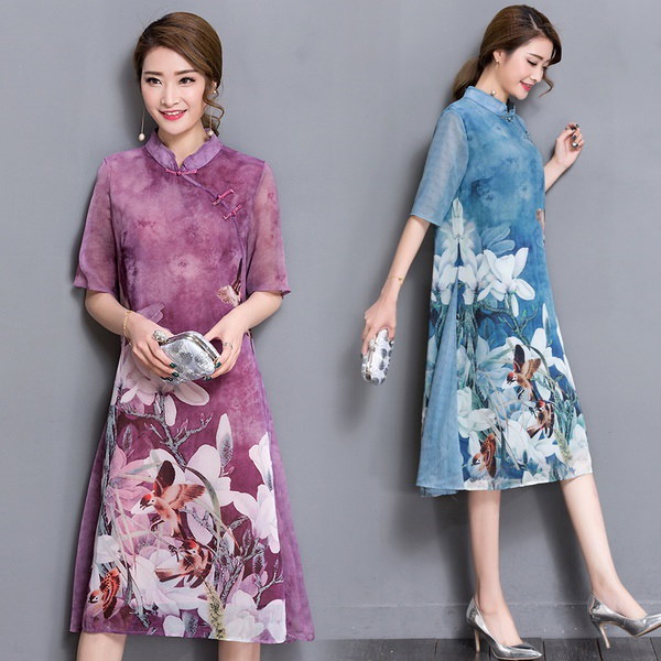 レディースシルクブレンド半袖花柄エスニックドレスマンダリンカラーCheongsam Chinese Traditional Cos レディースシルクブレンド半袖花柄エスニックドレスマンダリンカラーCheongsam Chinese Traditional Cos