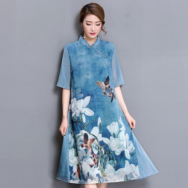 レディースシルクブレンド半袖花柄エスニックドレスマンダリンカラーCheongsam Chinese Traditional Cos レディースシルクブレンド半袖花柄エスニックドレスマンダリンカラーCheongsam Chinese Traditional Cos