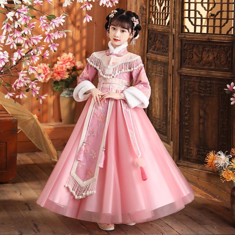 女の子の漢服冬の子供の唐加厚拝服女宝ワンピースおめでたい服冬