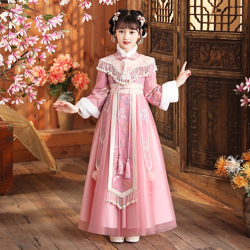 女の子の漢服冬の子供の唐加厚拝服女宝ワンピースおめでたい服冬