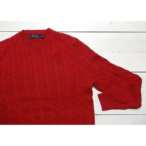 ワンポイント コットン ケーブル セーター レッド PR2-1131
