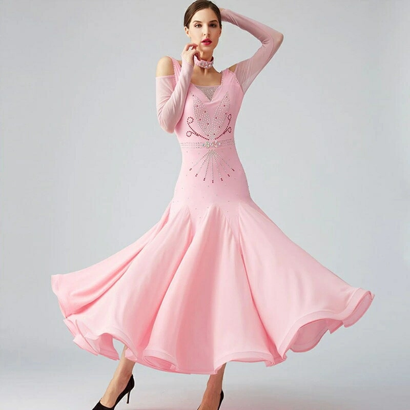 社交ダンスドレス　ピンク スタンダード　M モダンドレス 社交ダンスドレス ピンク 黒 レッド 社交ダンス衣装 オフ