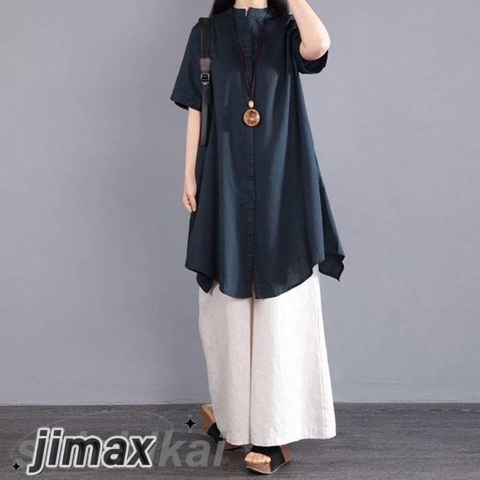 ブラウス チュニック 長ズボン セットアップ レディース カジュアル 夏 綿麻混 バンドカラー ロングシャツ ワイドパンツ 半袖 ゆったり 薄手 大人 春夏秋 体型カバー カジュアル 大きいサイズ 無