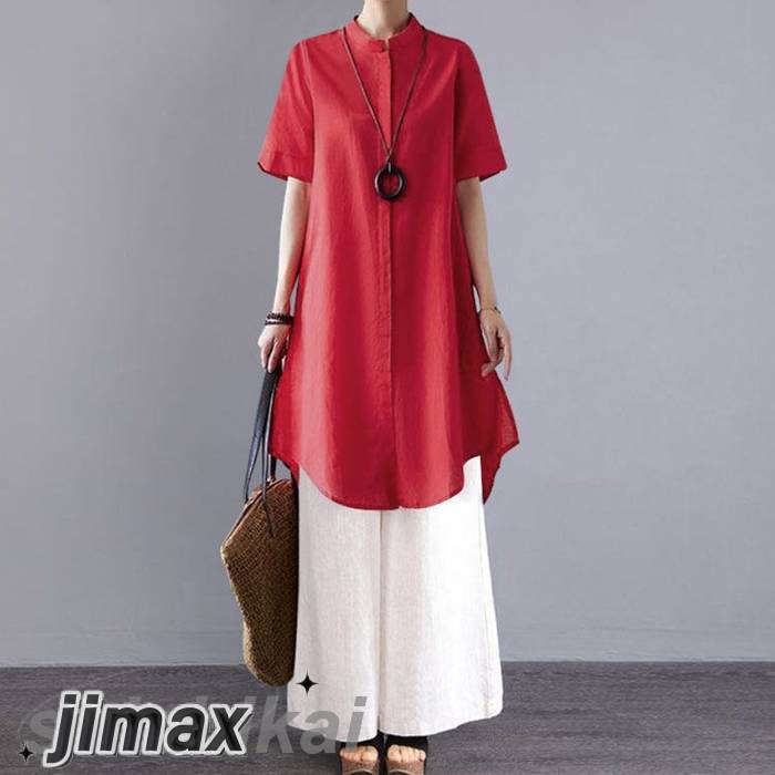 ブラウス チュニック 長ズボン セットアップ レディース カジュアル 夏 綿麻混 バンドカラー ロングシャツ ワイドパンツ 半袖 ゆったり 薄手 大人 春夏秋 体型カバー カジュアル 大きいサイズ 無