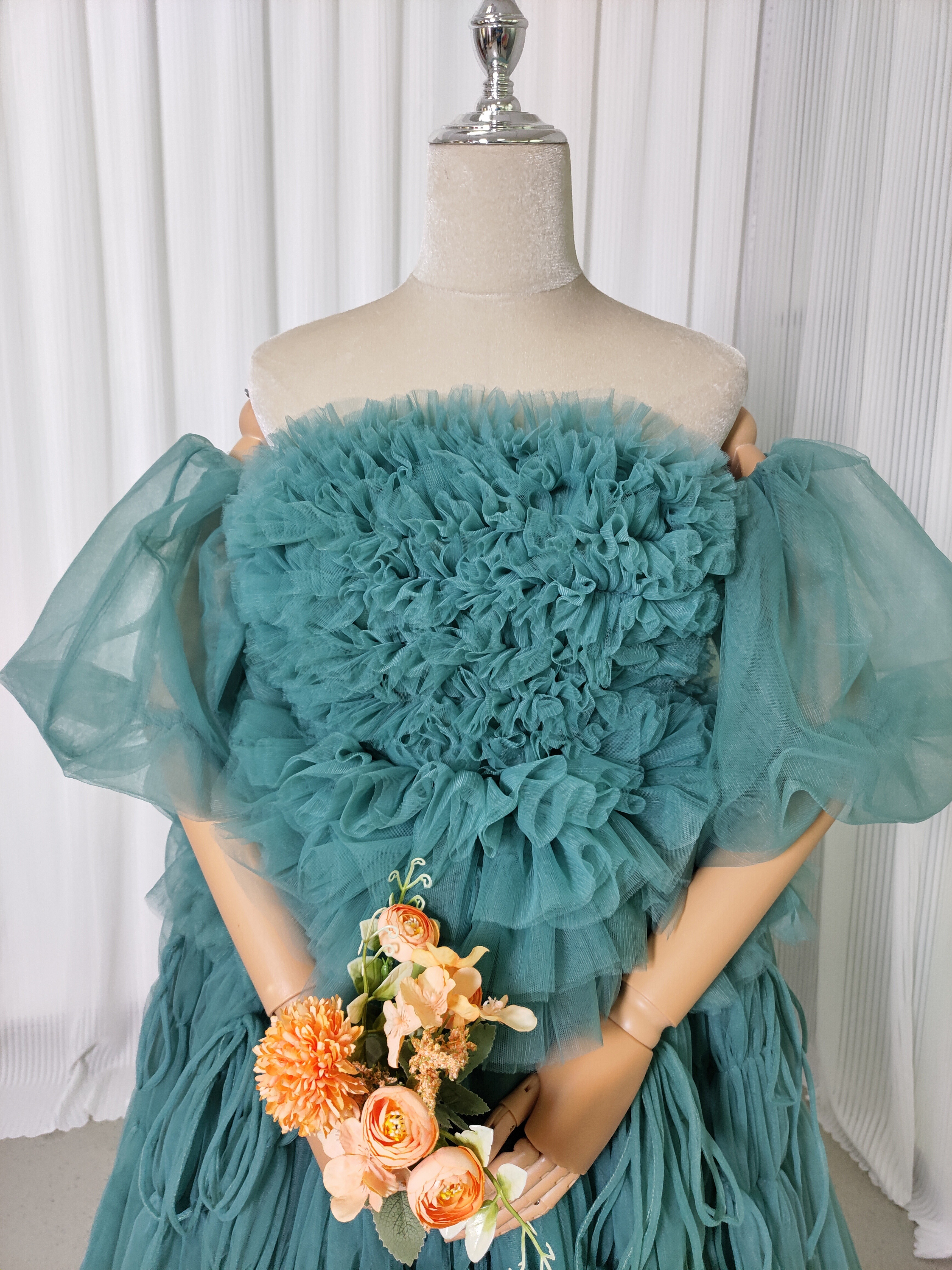 カラードレス ミントグリーンドレス フレア袖 ベアトップ リボン ロング もこもこドレス 前撮り カラードレス ミントグリーンドレス フレア袖 ベアトップ リボン ロング もこもこドレス 前撮り