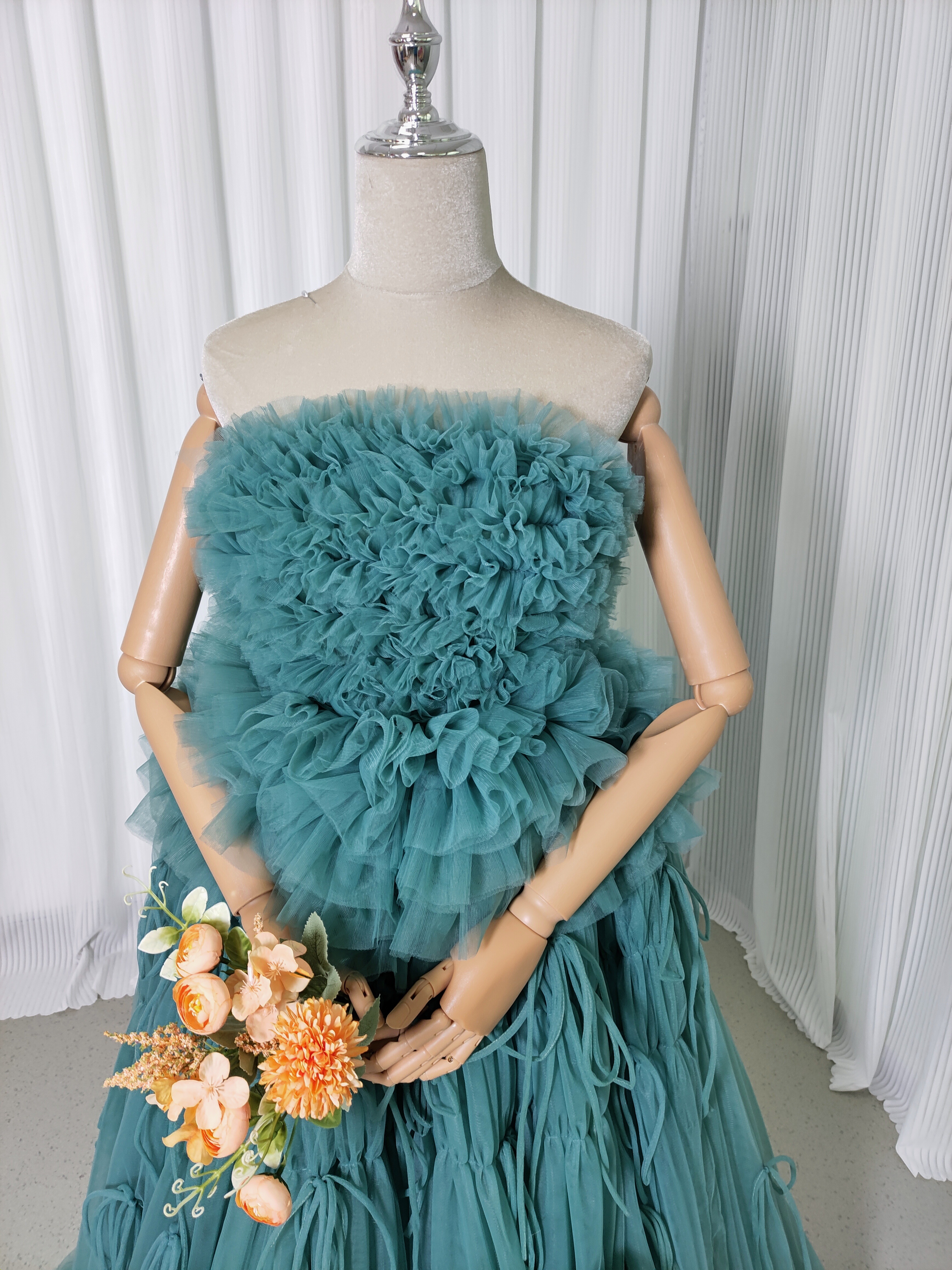 カラードレス ミントグリーンドレス フレア袖 ベアトップ リボン ロング もこもこドレス 前撮り カラードレス ミントグリーンドレス フレア袖 ベアトップ リボン ロング もこもこドレス 前撮り