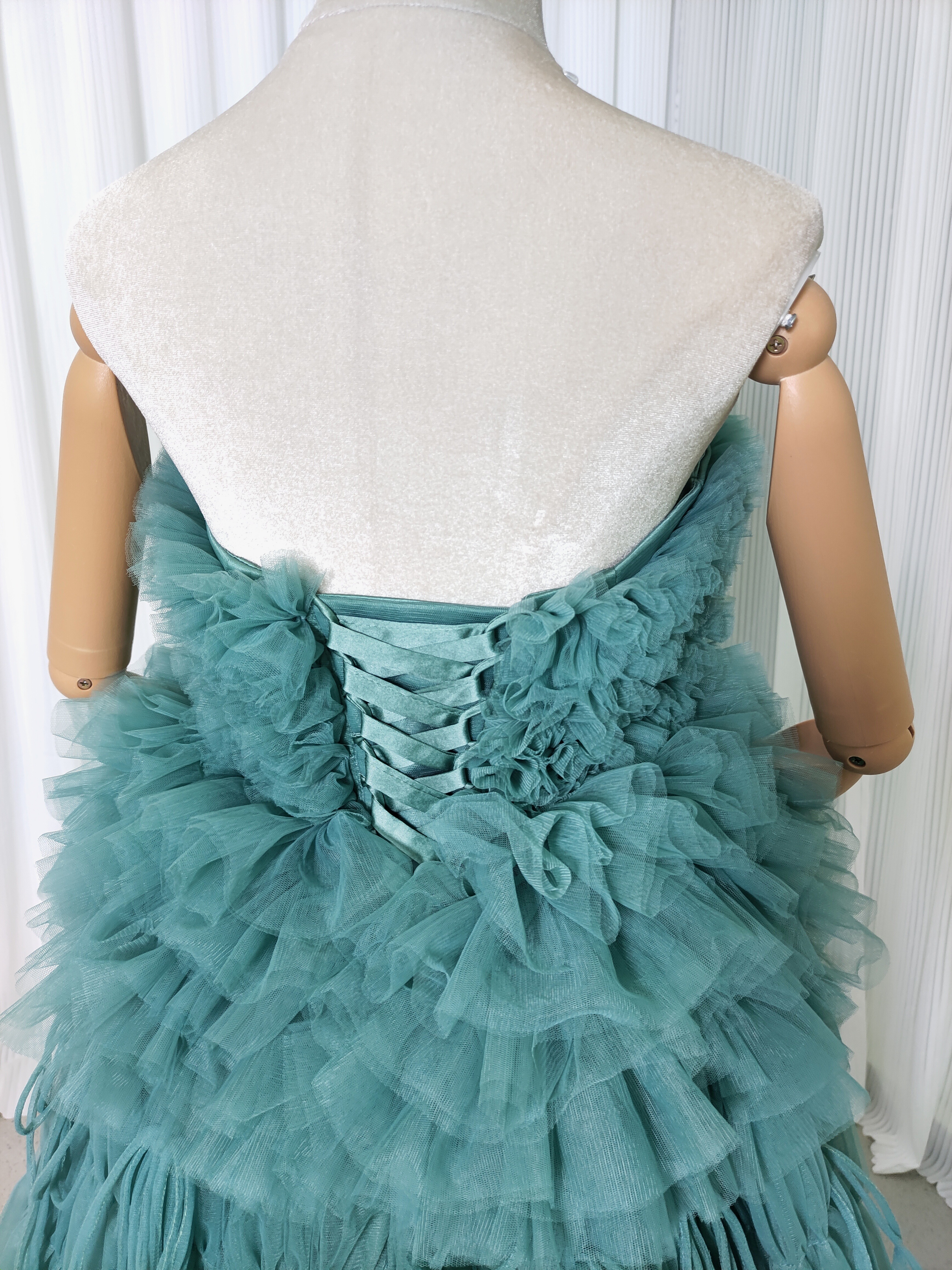 カラードレス ミントグリーンドレス フレア袖 ベアトップ リボン ロング もこもこドレス 前撮り カラードレス ミントグリーンドレス フレア袖 ベアトップ リボン ロング もこもこドレス 前撮り