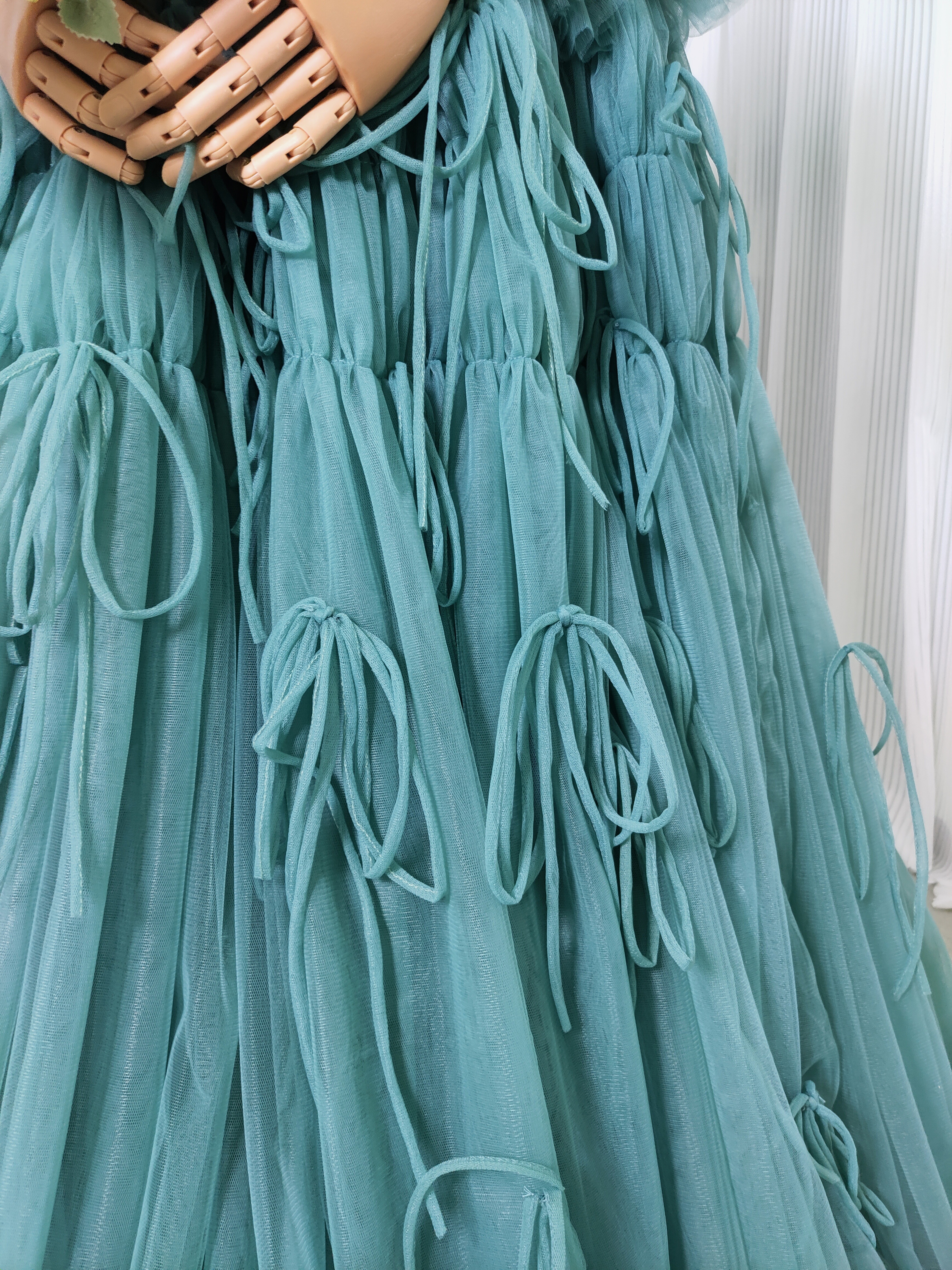 カラードレス ミントグリーンドレス フレア袖 ベアトップ リボン ロング もこもこドレス 前撮り カラードレス ミントグリーンドレス フレア袖 ベアトップ リボン ロング もこもこドレス 前撮り