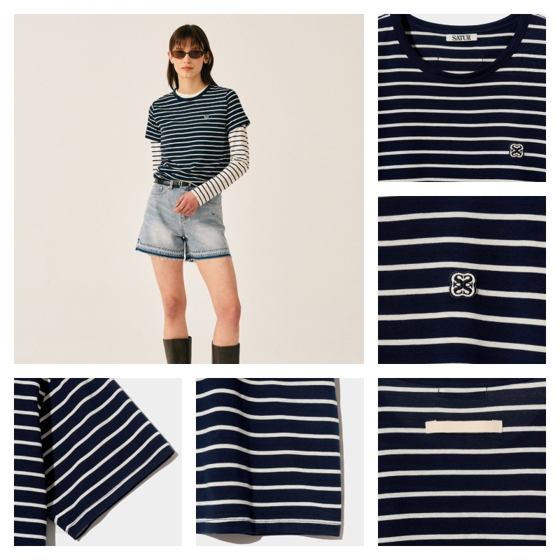 Tシャツ・カットソー SATUR All Day Cotton Stripe Short Sleeve T-Shirt Classic Nav SATUR | 세터 | 올 데이 코튼 스트라이프 반팔 티셔츠 클래식 네이비
