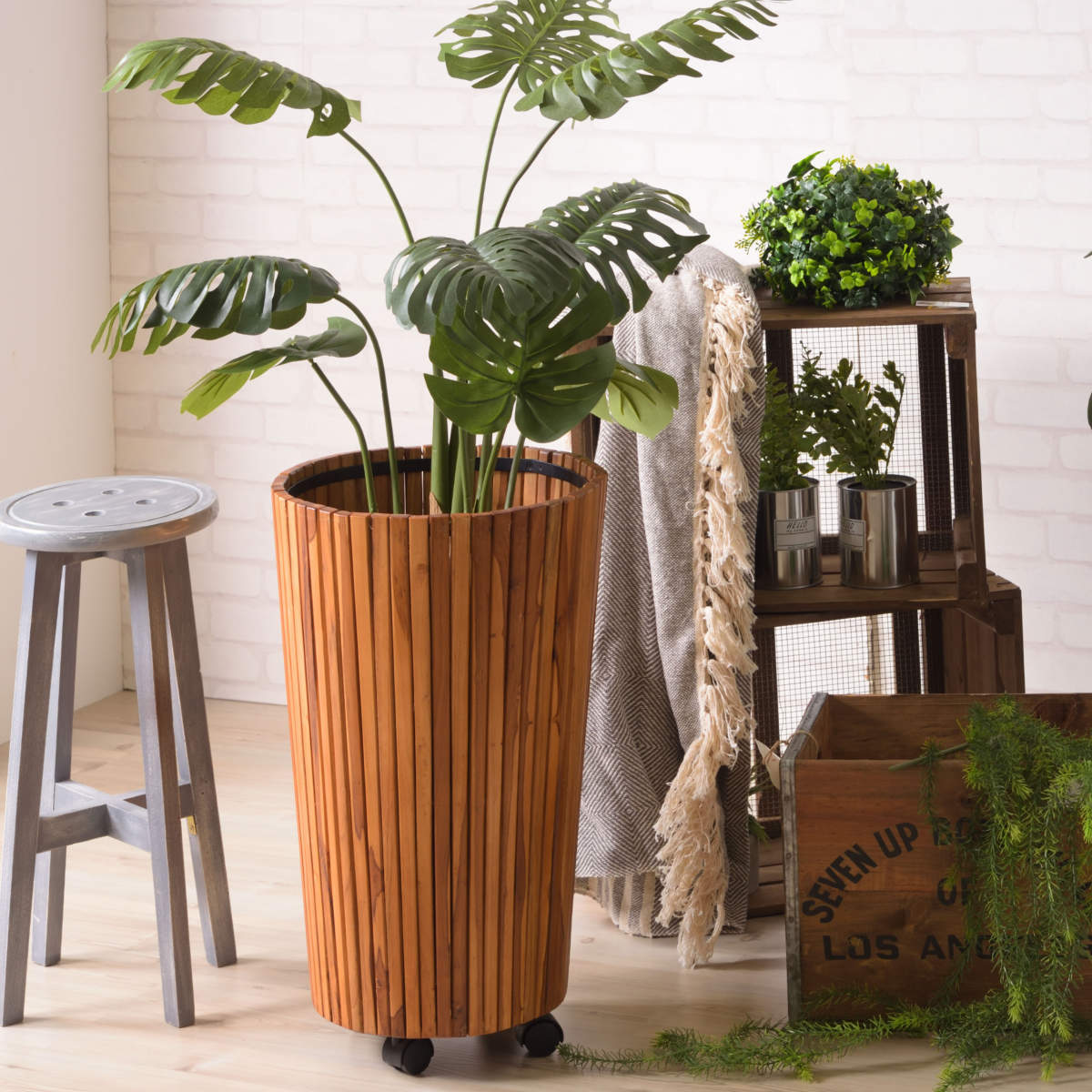 プランター ウッドプランター L 直径39x高さ65cm 植木鉢カバー ポットカバー プランターカバー 鉢入れ 鉢植え かご 9号鉢用 ロング 木製 鉢カバー バスケット 天然木 チーク 植物