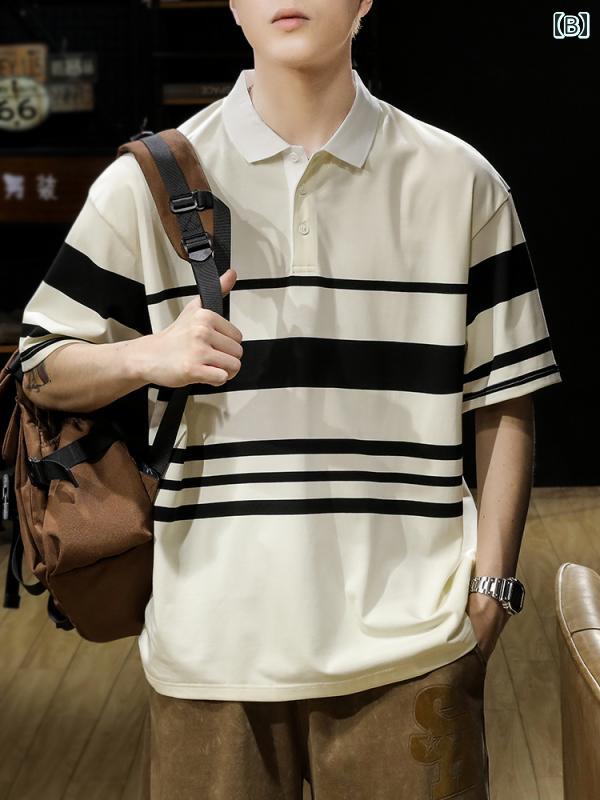 ポロシャツ おしゃれ アメリカン カジュアル ヘビーウェイト ボーダー 半袖 メンズ 夏 Tシャツ 男性用 五分袖 毎日 カラーマッチング 綿