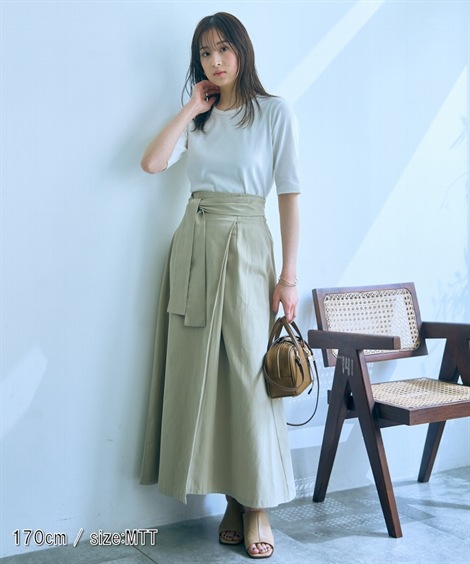 ロングスカート 高身長　綿１００％ベルテッドラップ風スカート トールサイズ Essenave