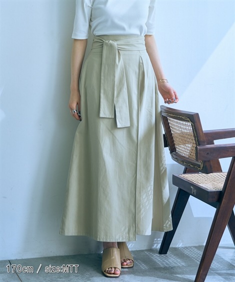 ロングスカート 高身長　綿１００％ベルテッドラップ風スカート トールサイズ Essenave