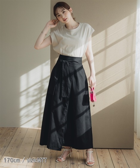 ロングスカート 高身長　綿１００％ベルテッドラップ風スカート トールサイズ Essenave