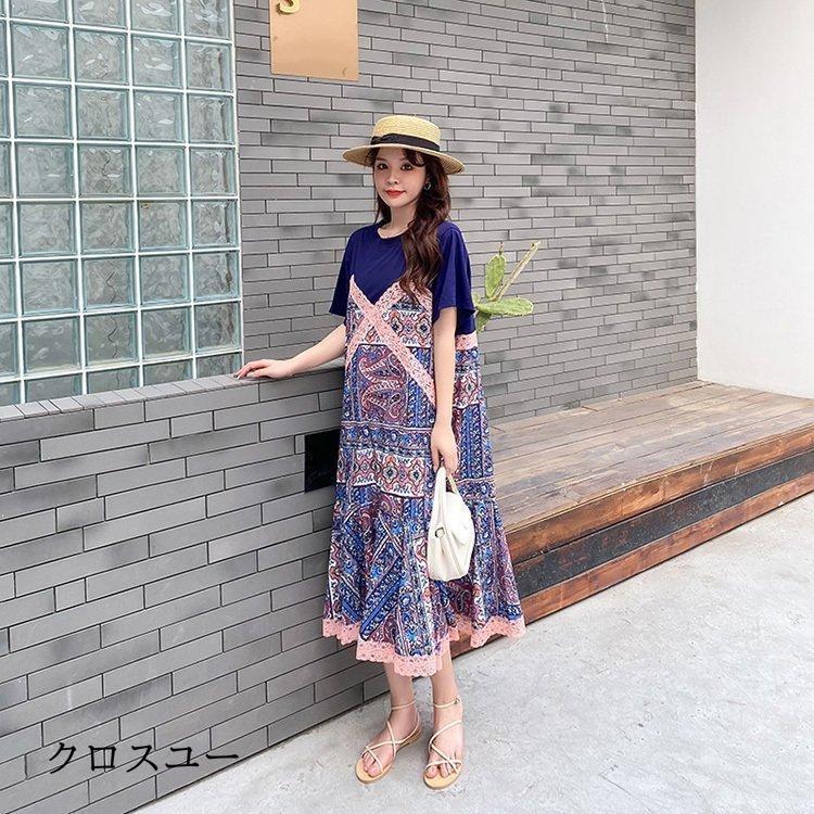 ワンピース レディース 40代 マキシワンピース 春夏 半袖 フレアスカート きれいめ 総柄 切り替え 韓国風 20代 30代 50代 UVカット マキシ