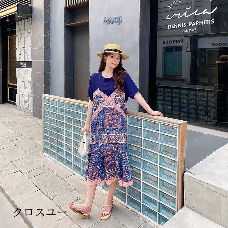 ワンピース レディース 40代 マキシワンピース 春夏 半袖 フレアスカート きれいめ 総柄 切り替え 韓国風 20代 30代 50代 UVカット マキシ