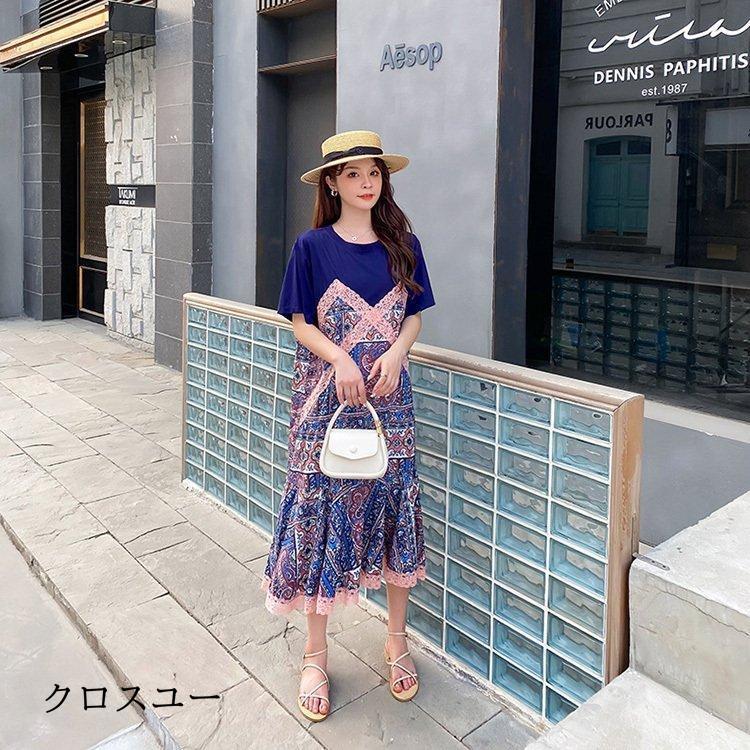 ワンピース レディース 40代 マキシワンピース 春夏 半袖 フレアスカート きれいめ 総柄 切り替え 韓国風 20代 30代 50代 UVカット マキシ