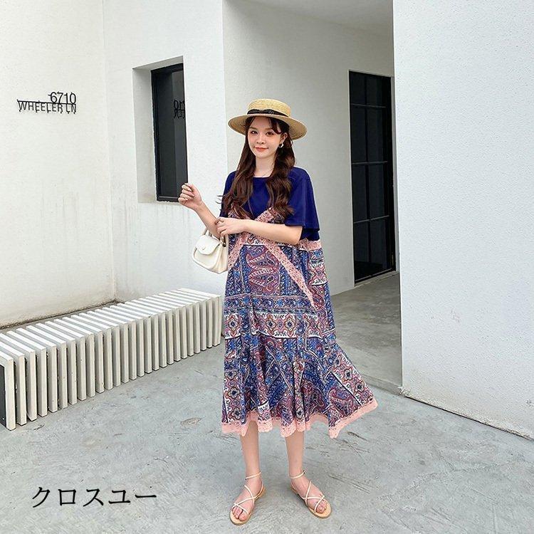 ワンピース レディース 40代 マキシワンピース 春夏 半袖 フレアスカート きれいめ 総柄 切り替え 韓国風 20代 30代 50代 UVカット マキシ