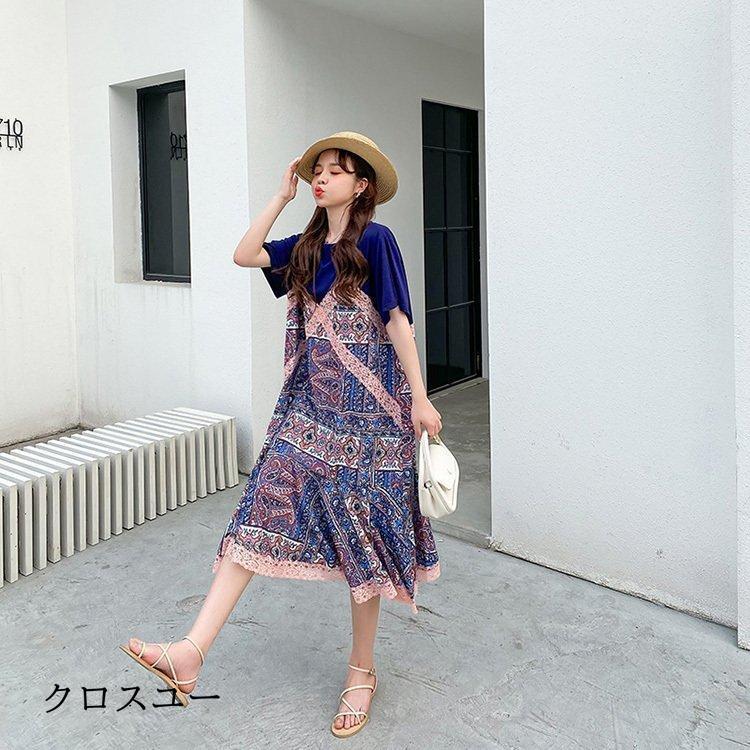 ワンピース レディース 40代 マキシワンピース 春夏 半袖 フレアスカート きれいめ 総柄 切り替え 韓国風 20代 30代 50代 UVカット マキシ