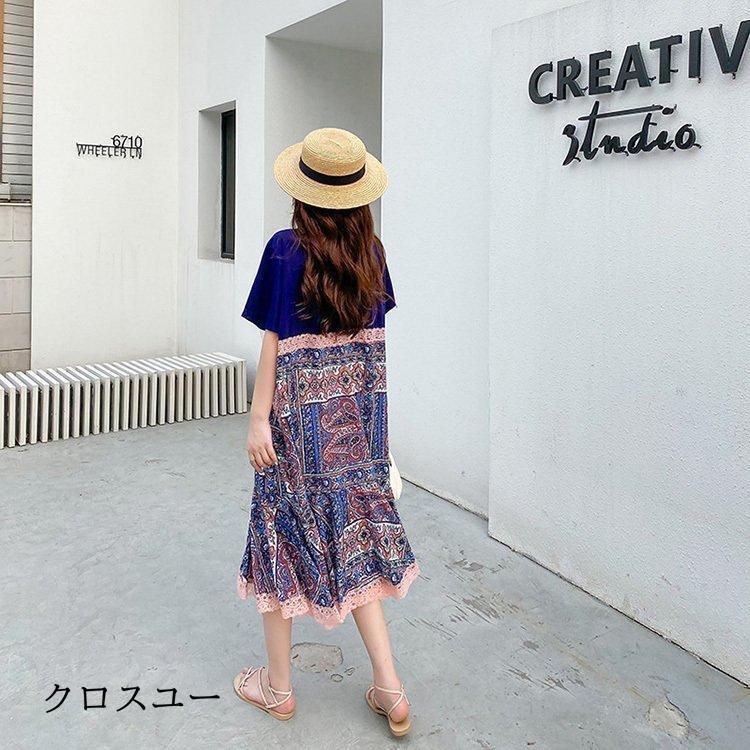 ワンピース レディース 40代 マキシワンピース 春夏 半袖 フレアスカート きれいめ 総柄 切り替え 韓国風 20代 30代 50代 UVカット マキシ