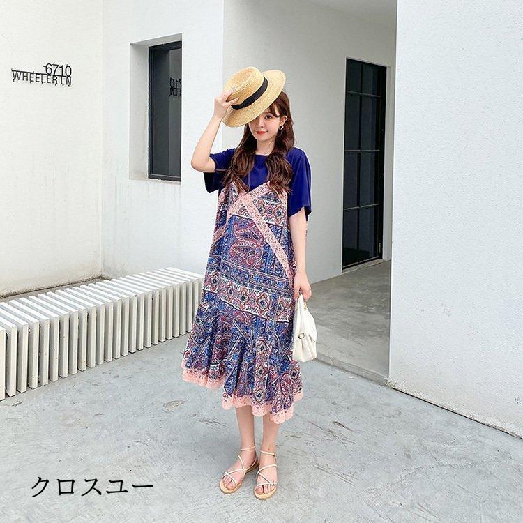 ワンピース レディース 40代 マキシワンピース 春夏 半袖 フレアスカート きれいめ 総柄 切り替え 韓国風 20代 30代 50代 UVカット マキシ