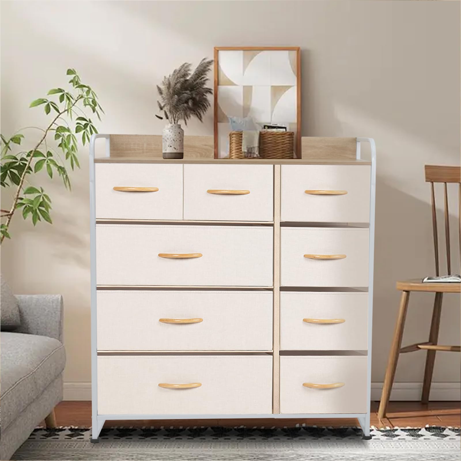 タンス 収納 チェスト 布製 引き出し 洋服収納 リビング収納 大容量 衣類収納 洋服タンス 衣装棚 箪笥 木製天板付き 簡単組立 多機能 転倒防止 AG-CTG01 (4段9杯 白+白)