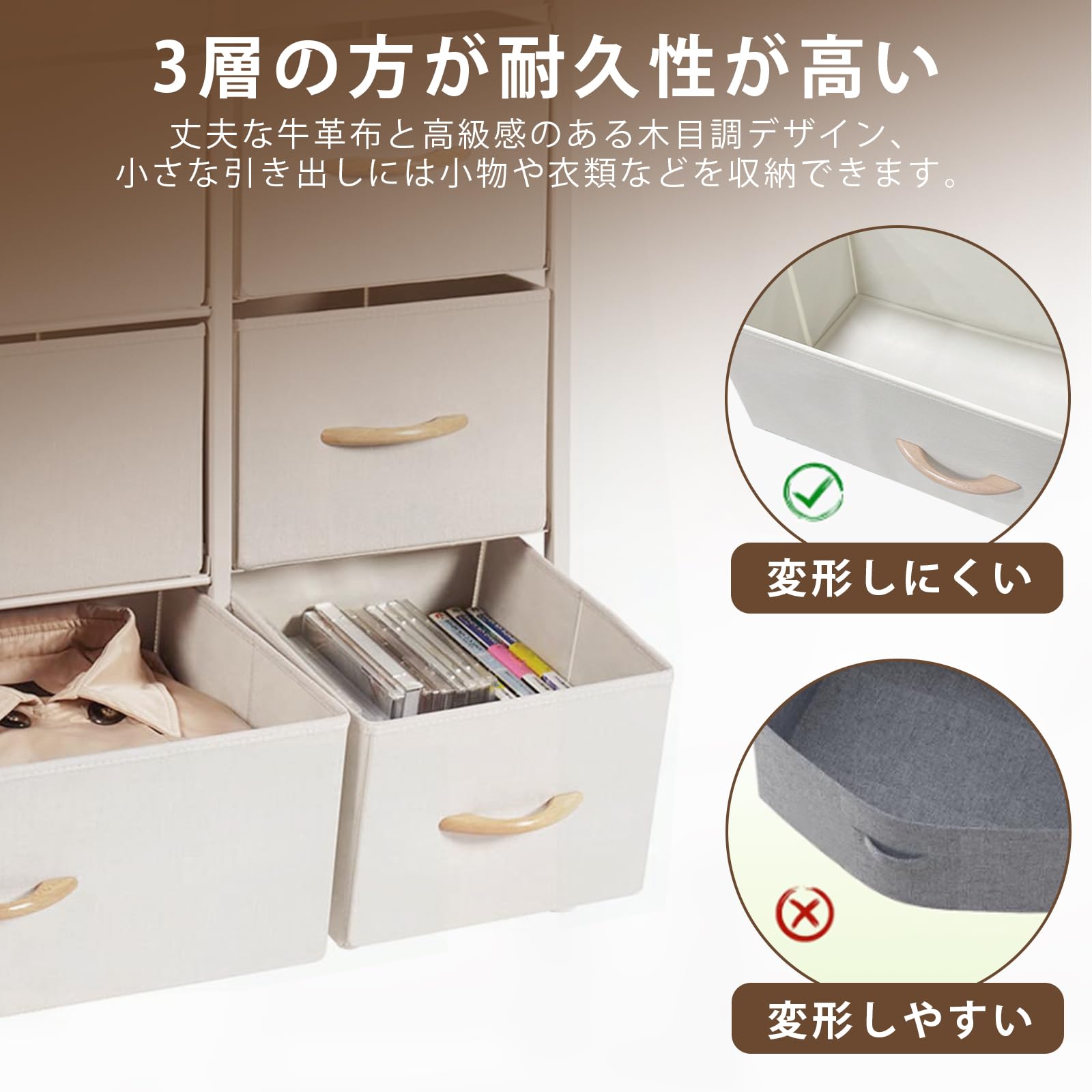 タンス 収納 チェスト 布製 引き出し 洋服収納 リビング収納 大容量 衣類収納 洋服タンス 衣装棚 箪笥 木製天板付き 簡単組立 多機能 転倒防止 AG-CTG01 (4段9杯 白+白)