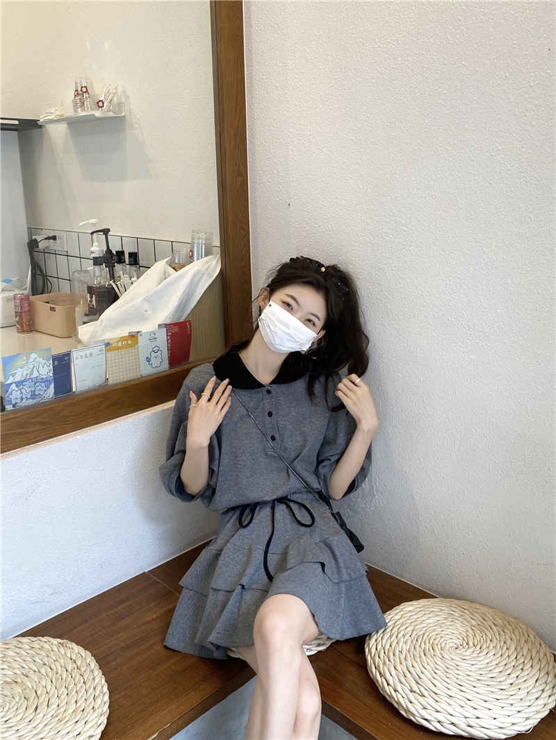 セットアップ レディース トップス S M L 韓国 Tシャツ スカート ミニスカート 半袖 襟付き 襟あり ポロシャツ ドロップショルダー ウエストゴム フリル かわいい 大人可愛い フェミニン