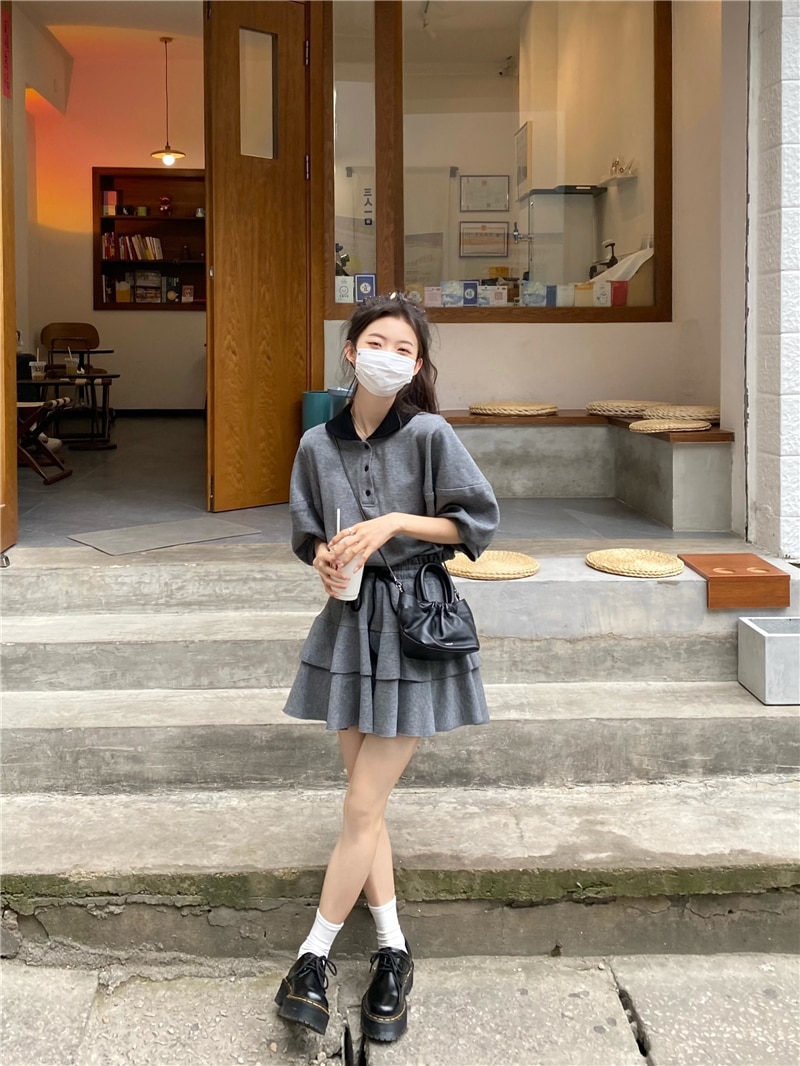 セットアップ レディース トップス S M L 韓国 Tシャツ スカート ミニスカート 半袖 襟付き 襟あり ポロシャツ ドロップショルダー ウエストゴム フリル かわいい 大人可愛い フェミニン