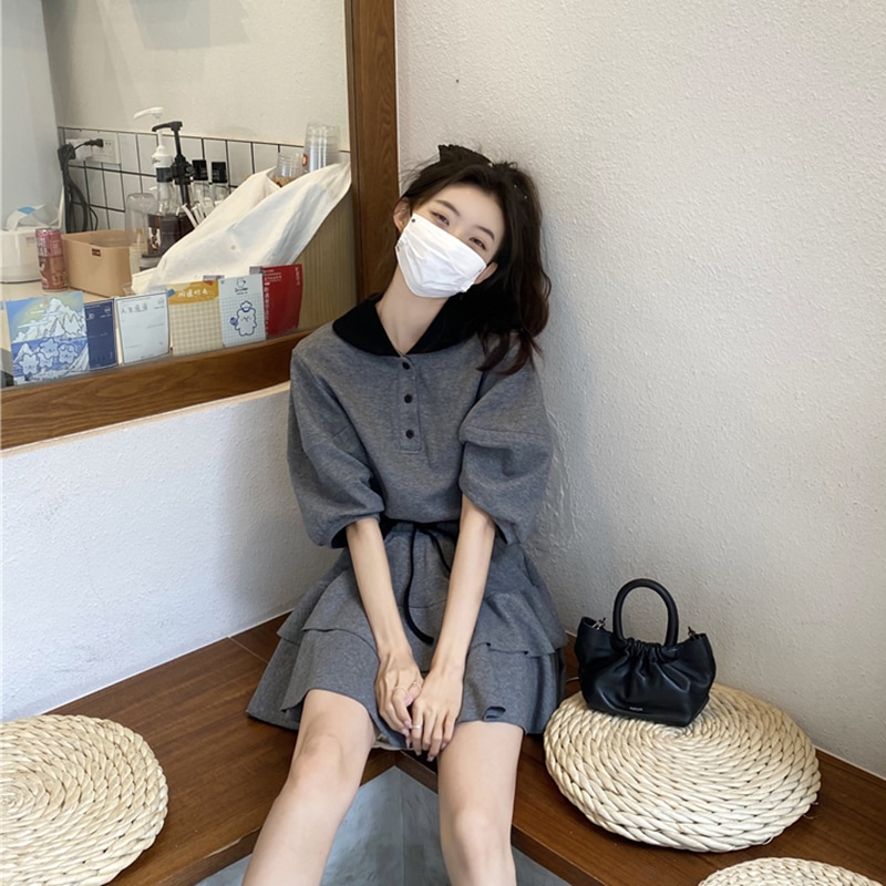 セットアップ レディース トップス S M L 韓国 Tシャツ スカート ミニスカート 半袖 襟付き 襟あり ポロシャツ ドロップショルダー ウエストゴム フリル かわいい 大人可愛い フェミニン