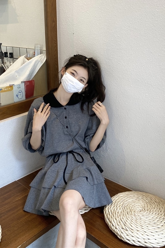 セットアップ レディース トップス S M L 韓国 Tシャツ スカート ミニスカート 半袖 襟付き 襟あり ポロシャツ ドロップショルダー ウエストゴム フリル かわいい 大人可愛い フェミニン