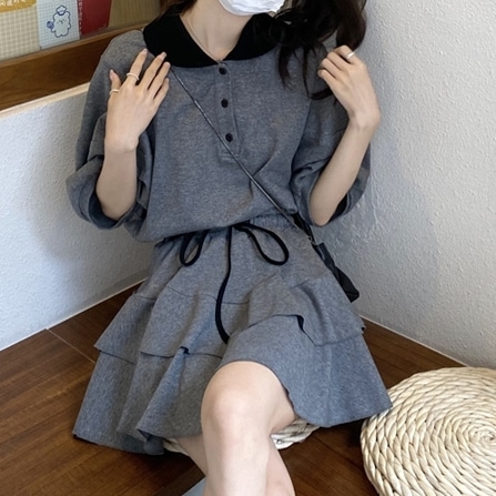 セットアップ レディース トップス S M L 韓国 Tシャツ スカート ミニスカート 半袖 襟付き 襟あり ポロシャツ ドロップショルダー ウエストゴム フリル かわいい 大人可愛い フェミニン