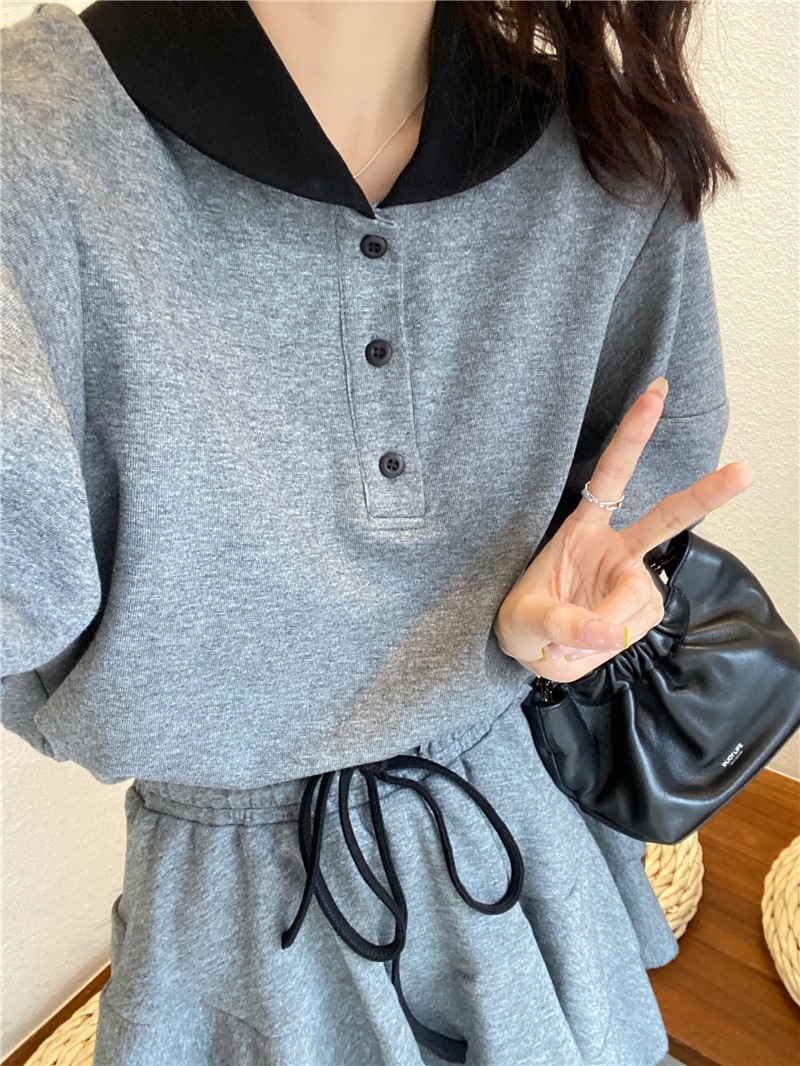 セットアップ レディース トップス S M L 韓国 Tシャツ スカート ミニスカート 半袖 襟付き 襟あり ポロシャツ ドロップショルダー ウエストゴム フリル かわいい 大人可愛い フェミニン