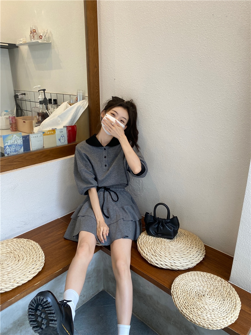 セットアップ レディース トップス S M L 韓国 Tシャツ スカート ミニスカート 半袖 襟付き 襟あり ポロシャツ ドロップショルダー ウエストゴム フリル かわいい 大人可愛い フェミニン