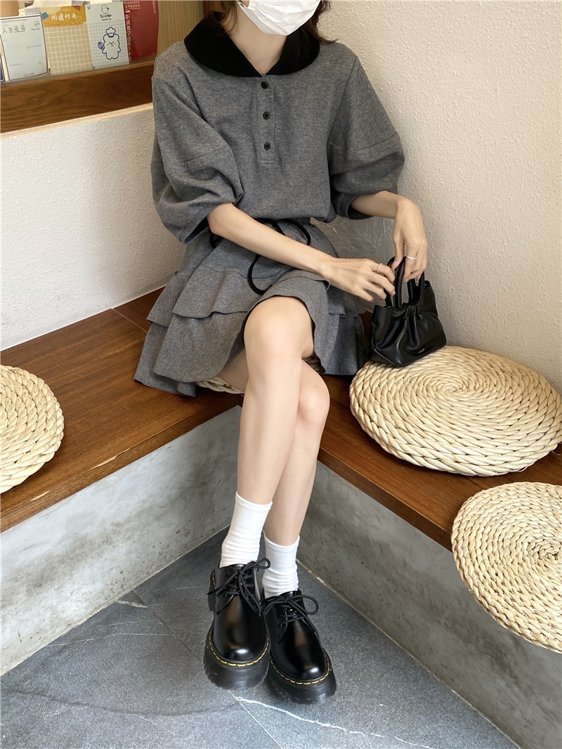 セットアップ レディース トップス S M L 韓国 Tシャツ スカート ミニスカート 半袖 襟付き 襟あり ポロシャツ ドロップショルダー ウエストゴム フリル かわいい 大人可愛い フェミニン