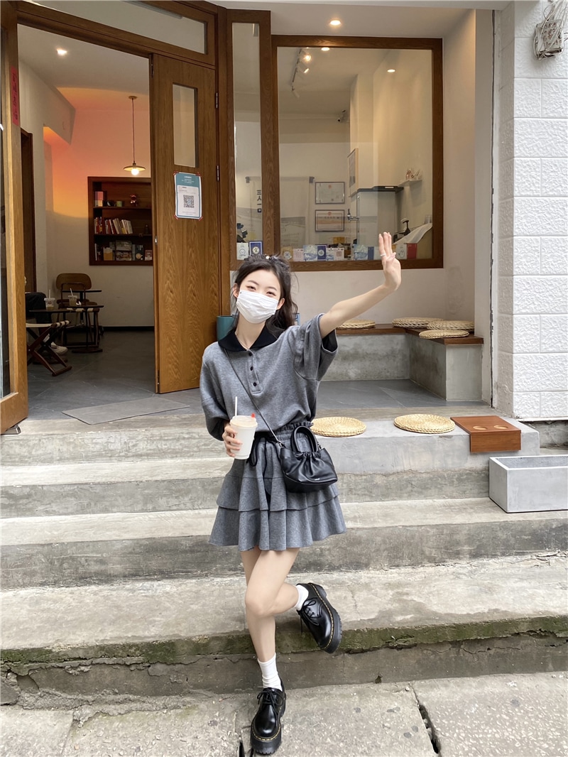 セットアップ レディース トップス S M L 韓国 Tシャツ スカート ミニスカート 半袖 襟付き 襟あり ポロシャツ ドロップショルダー ウエストゴム フリル かわいい 大人可愛い フェミニン