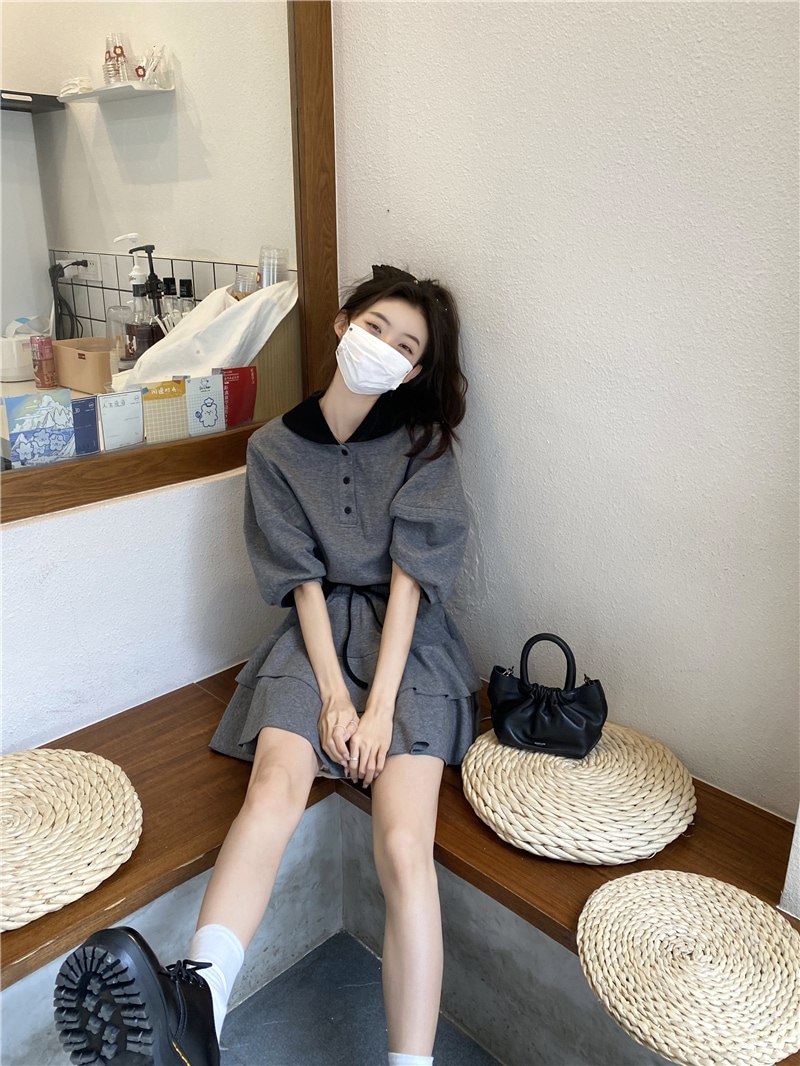 セットアップ レディース トップス S M L 韓国 Tシャツ スカート ミニスカート 半袖 襟付き 襟あり ポロシャツ ドロップショルダー ウエストゴム フリル かわいい 大人可愛い フェミニン